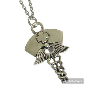 Nursing Cap Caduceus Necklace RN LPN CNA Gift Silver Tone Stainless Steel 18"